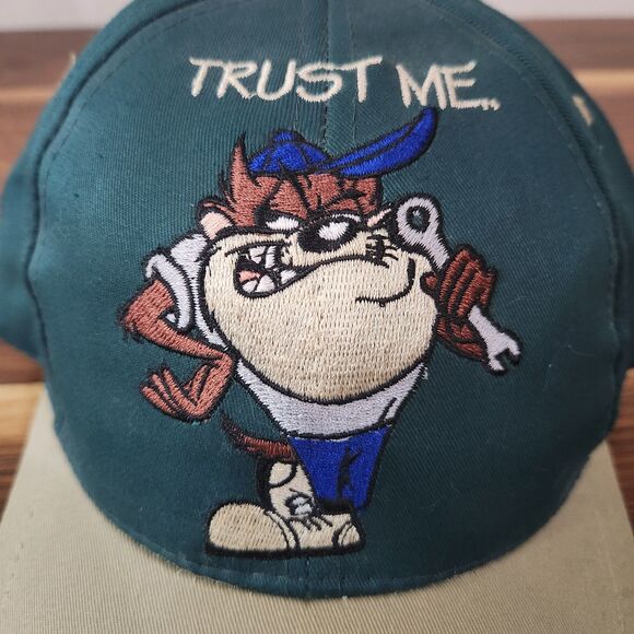 Vintage Taz Looney Tunes 1995 Snapback Hat Trust Me Im A Pro Green Tan Wrench - Picture 2 of 8